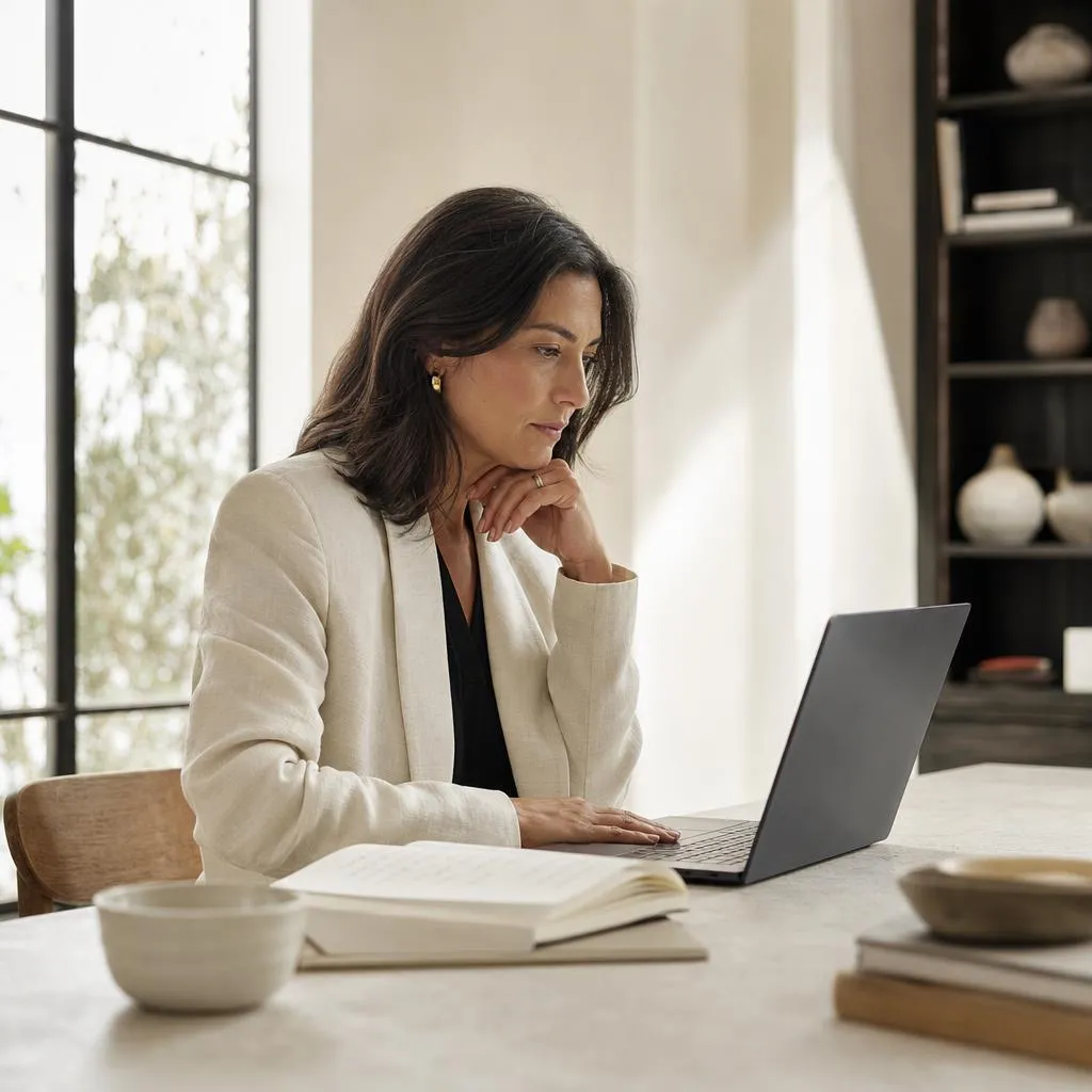 A woman in a linen blazer studies a laptop at a stone table, a notebook open beside her.